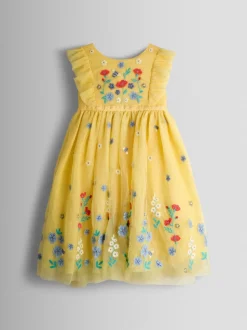 Jojo Maman Bébé Jaune clair - Appliqué Floral Tulle Party Dress New