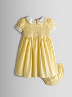 Jojo Maman Bébé Jaune clair - Robe de fête Bud Fleurie Brodé à col smocké Sale