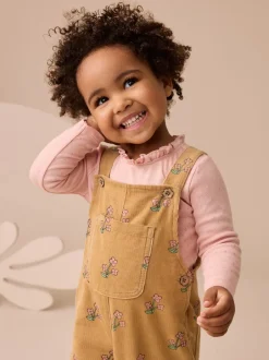 Next jaune ocre - Ensemble salopettes et T-shirt en velours côtelé fleuri (3mois-7ans) Outlet