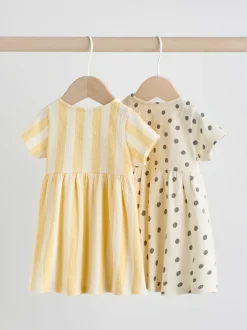 Next Jaune/Crème Pois/Rayure - Lot de 2 robes à manches courtes pour bébé (0mois à3ans) Sale