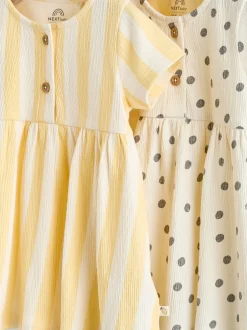 Next Jaune/Crème Pois/Rayure - Lot de 2 robes à manches courtes pour bébé (0mois à3ans) Sale