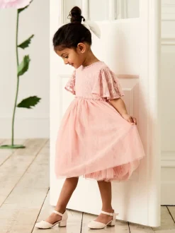 Jojo Maman Bébé Dentelle brodée Manches festonnées Fleur Imprimé Filles Robe Online