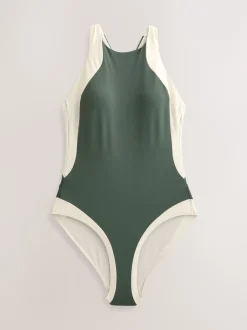 Next Kaki/crème - Maillot de bain dos nu à col montant pour le contrôle du ventre Hot