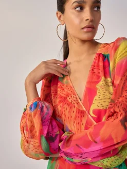 Next Kew Collection Fleuri vif - Robe mi-longue enveloppante à manches longues Occasion Clearance