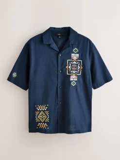 Next marine - Chemise texturée brodée style Navajo à manches courtes Online