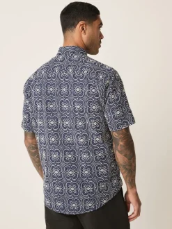 Next marine - Chemise Tile texturée brodée à manches courtes New