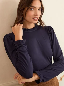 Love & Roses - haut en jersey à manches longues et col volanté marine Online