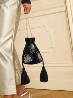 Love & Roses marine - Pochette en velours avec ornements sequins