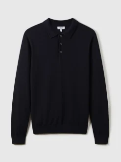 Reiss - Polo Trafford en laine mérinos à manches longues marine Hot