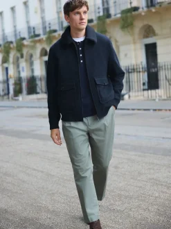 Next marine - Veste en sergé de laine mélangée à col en peau lainée Online