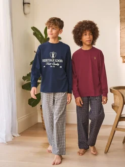Next - Lot de 2 pyjamas en tissu à carreaux à manches longues (3-16ans) Marine/Bourgogne Outlet