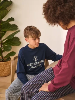 Next - Lot de 2 pyjamas en tissu à carreaux à manches longues (3-16ans) Marine/Bourgogne Outlet
