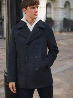 Next Marine/Charbon - Manteau riche en laine et doux au toucher à dents de chien New