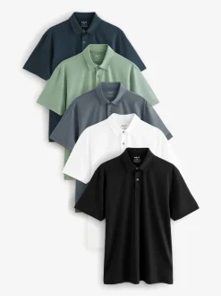 Next - Ajustement régulier - Polo en jersey Manches courtes 5 Pack Marine/Marron/Gris/Blanc/Vert sauge Vert Online