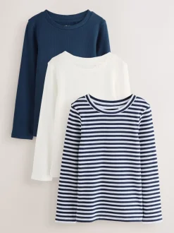Next - Lot de 3 Hauts à manches longues côtelés (3-16ans) Marine/White Stripe Online