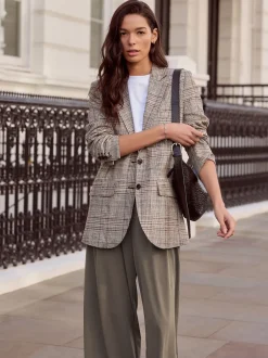 Next Marron - Blazer N. Premium à carreaux, riche en lin, simple boutonnage New