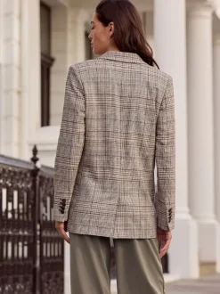 Next Marron - Blazer N. Premium à carreaux, riche en lin, simple boutonnage New