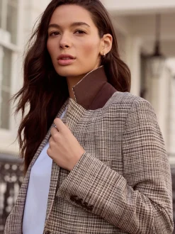 Next Marron - Blazer N. Premium à carreaux, riche en lin, simple boutonnage New