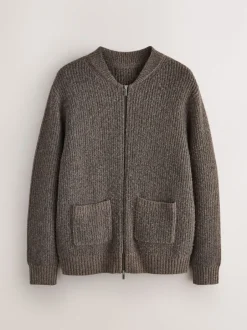 Next Marron - Cardigan zippé à texture côtelée en laine Sale