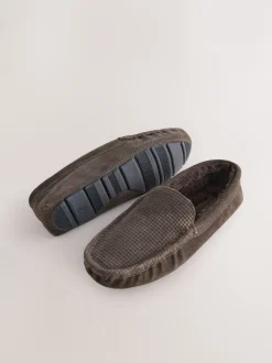 Next Marron - Chaussons mocassins en daim doublés de fausse fourrure Discount