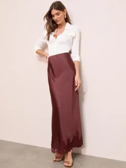 Friends Like These Marron - Jupes maxi X Lucy Mecklenburgh en Satin bordée de dentelle Sale