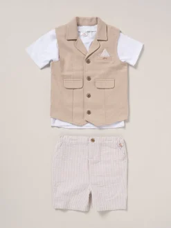 Little Gent Marron - Ensemble chemise, gilet et short 100% coton New
