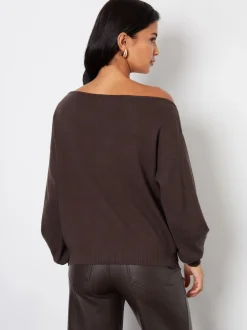 Threadbare - Pull en maille à col slash Marron Outlet