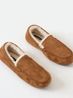 Threadbare Marron - chaussons mocassins doublés de fausse fourrure en faux daim