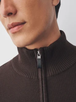 Next - Uni - Pull N.Premium Coupe classique 100% Coton Premium à fermeture éclair Marron Clearance