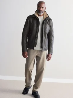 Next Marron - Veste en cuir Signatures à quatre poches doublée Borg Sale