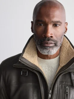 Next Marron - Veste en cuir Signatures à quatre poches doublée Borg Sale