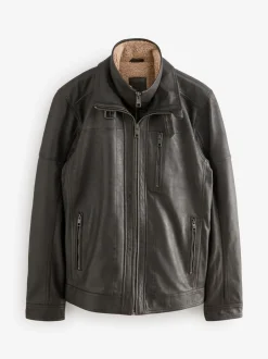 Next Marron - Veste en cuir Signatures à quatre poches doublée Borg Sale