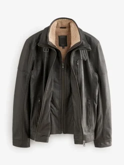 Next Marron - Veste en cuir Signatures à quatre poches doublée Borg Sale