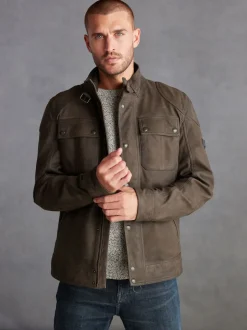 Next Marron - Veste motard Signature en cuir à quatre poches Clearance