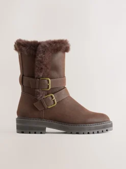 Next Marron chocolat - Bottines Forever Comfort® doublées de fausse fourrure à double boucle Sale