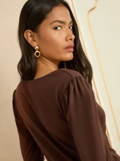 Love & Roses - Haut en jersey à manches longues et col en V festonné Marron chocolat Clearance