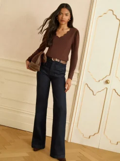 Love & Roses - Haut en jersey à manches longues et col en V festonné Marron chocolat Clearance