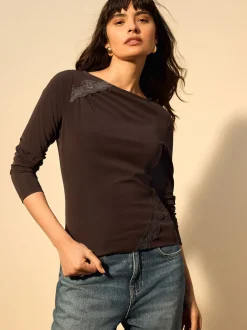 Next Marron chocolat - Haut Manche longue détail Dentelle Sale