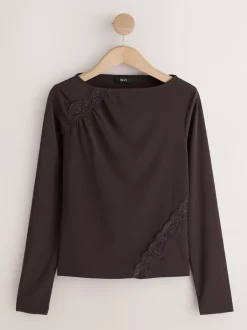Next Marron chocolat - Haut Manche longue détail Dentelle Sale