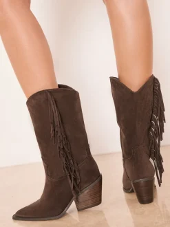 Lipsy Marron chocolat - Bottes de veau à enfiler en Faux suède à glands style western Outlet