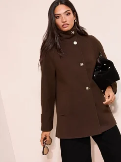 Friends Like These Marron chocolat - Manteau mi-long col cheminée boutonné sur le devant Discount