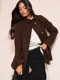 Friends Like These Marron chocolat - Manteau mi-long col cheminée boutonné sur le devant Discount