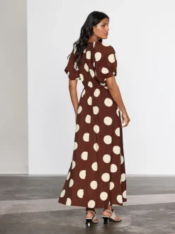 Next Marron chocolat à pois - Robe mi-longue imprimée à manches bouffantes Clearance