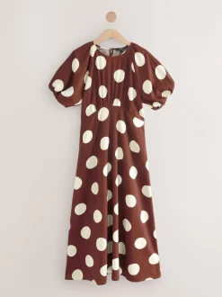 Next Marron chocolat à pois - Robe mi-longue imprimée à manches bouffantes Clearance