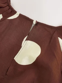 Next Marron chocolat à pois - Robe mi-longue imprimée à manches bouffantes Clearance