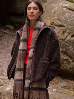 Next Marron chocolat - Polaire zippée en peau de mouton avec col côtelé