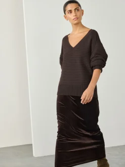 Next Marron chocolat - Pull côtelé en maille à col en V Best