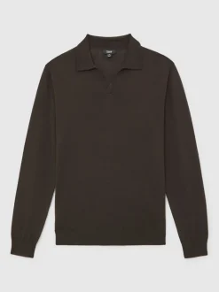 Reiss Marron chocolat - Polos à col ouvert en laine mérinos Milburn Best