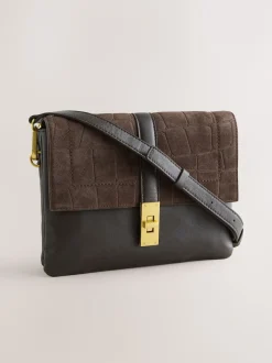 Next Marron chocolat - Sac à bandoulière en cuir effet croco Sale