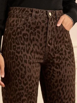 Love & Roses - Raccourci Ample Jeans Marron chocolat imprimé léopard floqué Best